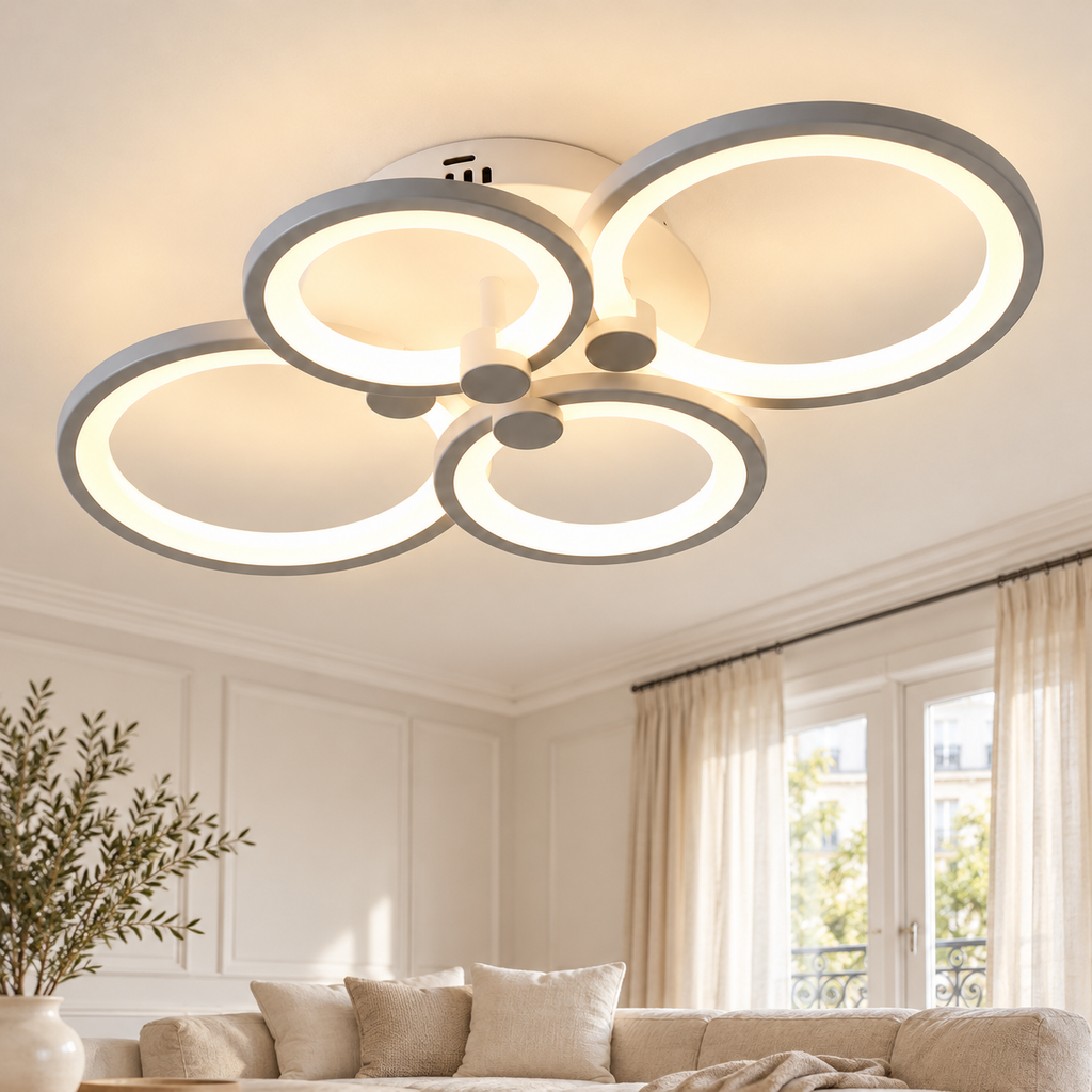 Plafonnier gris argent à quatre anneaux dans un décor salon blanc