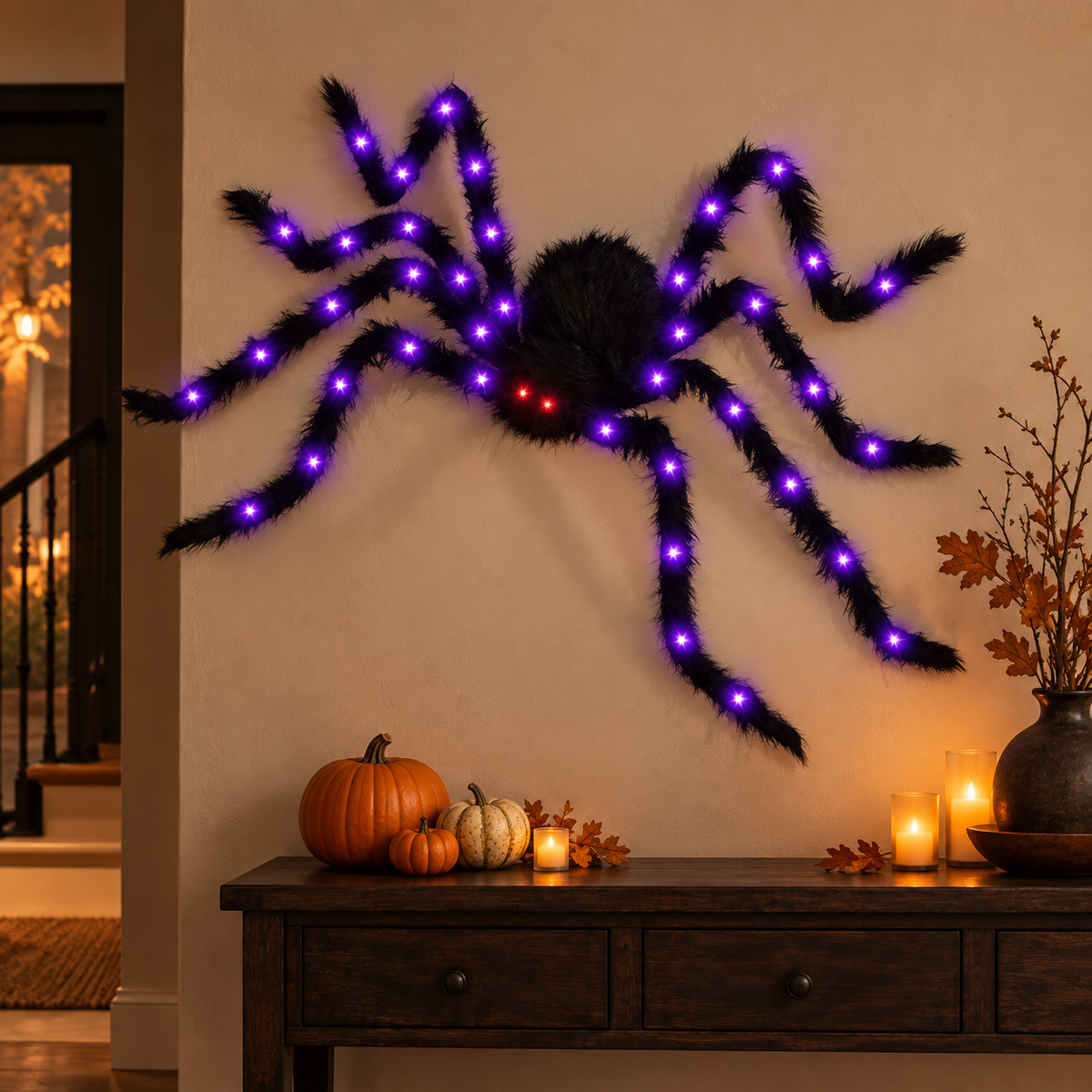 Illustration d’ambiance créée avec l’IA : Arachnéa dans une entrée décorée pour Halloween