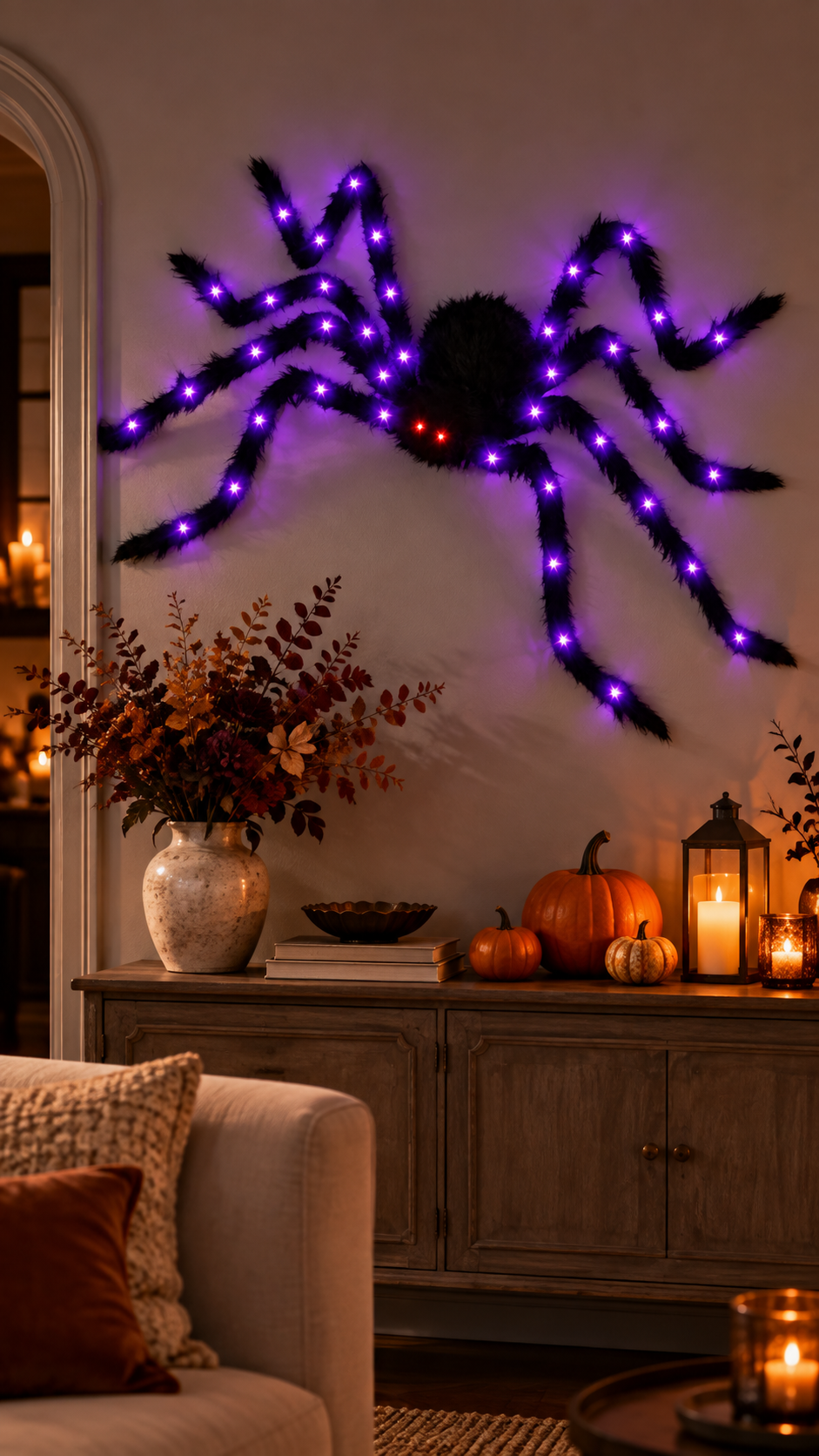 Illustration d’ambiance créée avec l’IA : Arachnéa dans un salon décoré pour Halloween