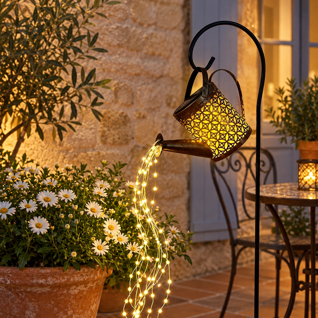 Arrosoir solaire avec canne — mise en scène générée : terrasse