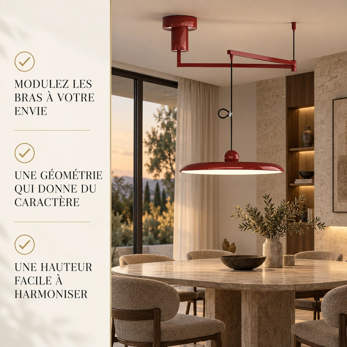 Suspension Artéline rouge rubis dans une grande salle à manger contemporaine — trois bénéfices