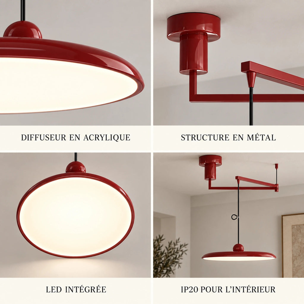Quatre détails de la suspension Artéline rouge rubis en métal et acrylique