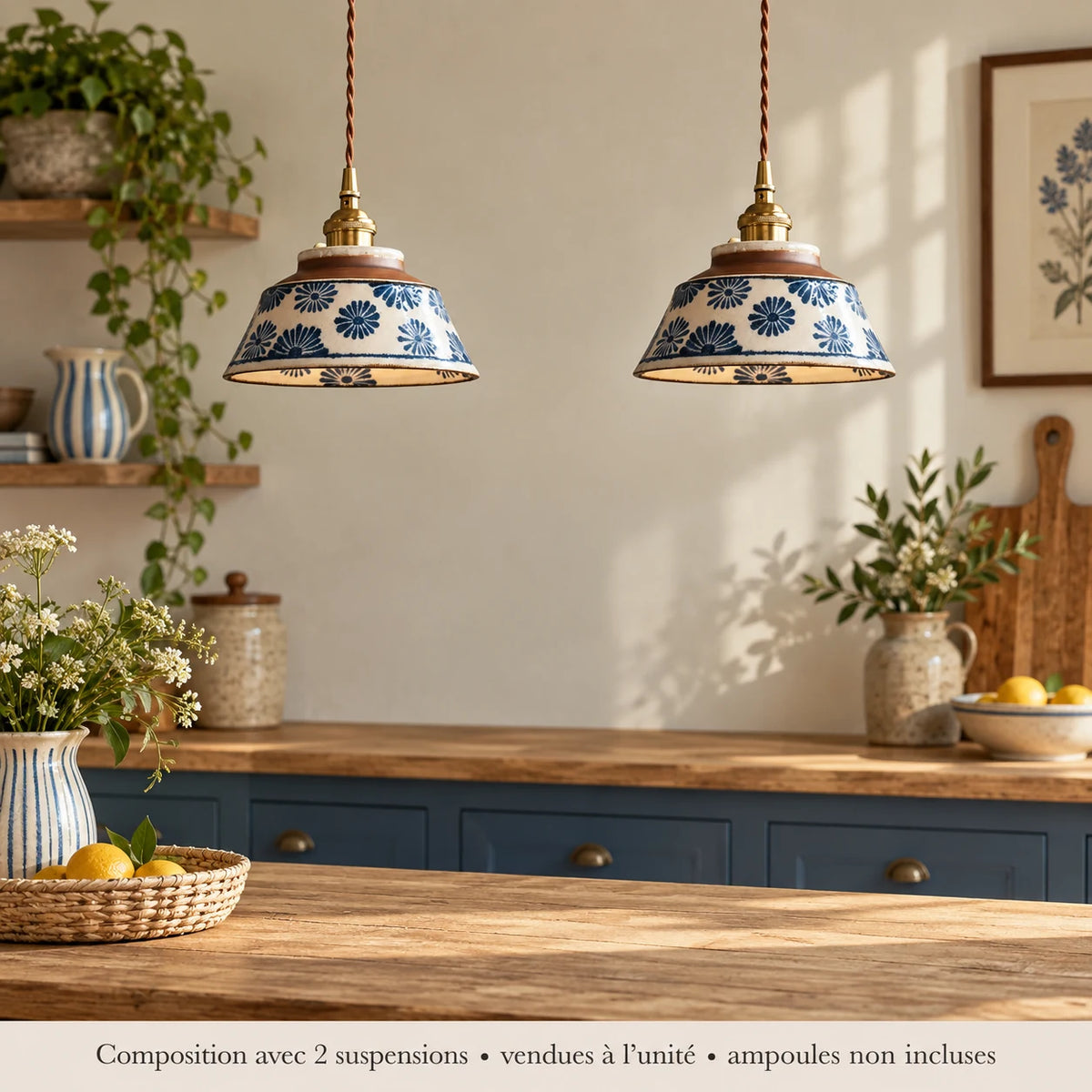 Bleuet — Composition décorative créée à partir des références du modèle, avec deux unités vendues séparément. Mise en situation virtuelle, sans démonstration de fonctionnement ; décor non inclus.
