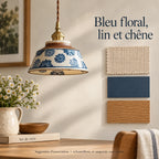 Bleuet — Choisir les associations autour du motif bleu. Création illustrative fondée sur les références du modèle ; décor et ampoule non inclus.