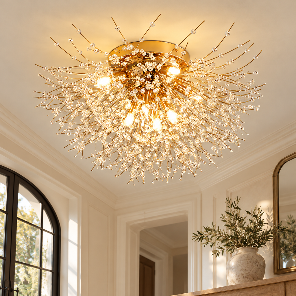 Plafonnier doré à branches rayonnantes dans un décor entree chene