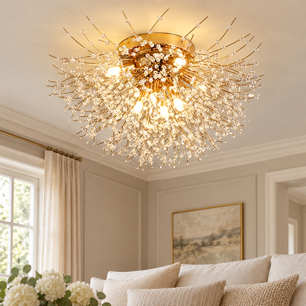 Plafonnier doré à branches rayonnantes dans un décor salon grege