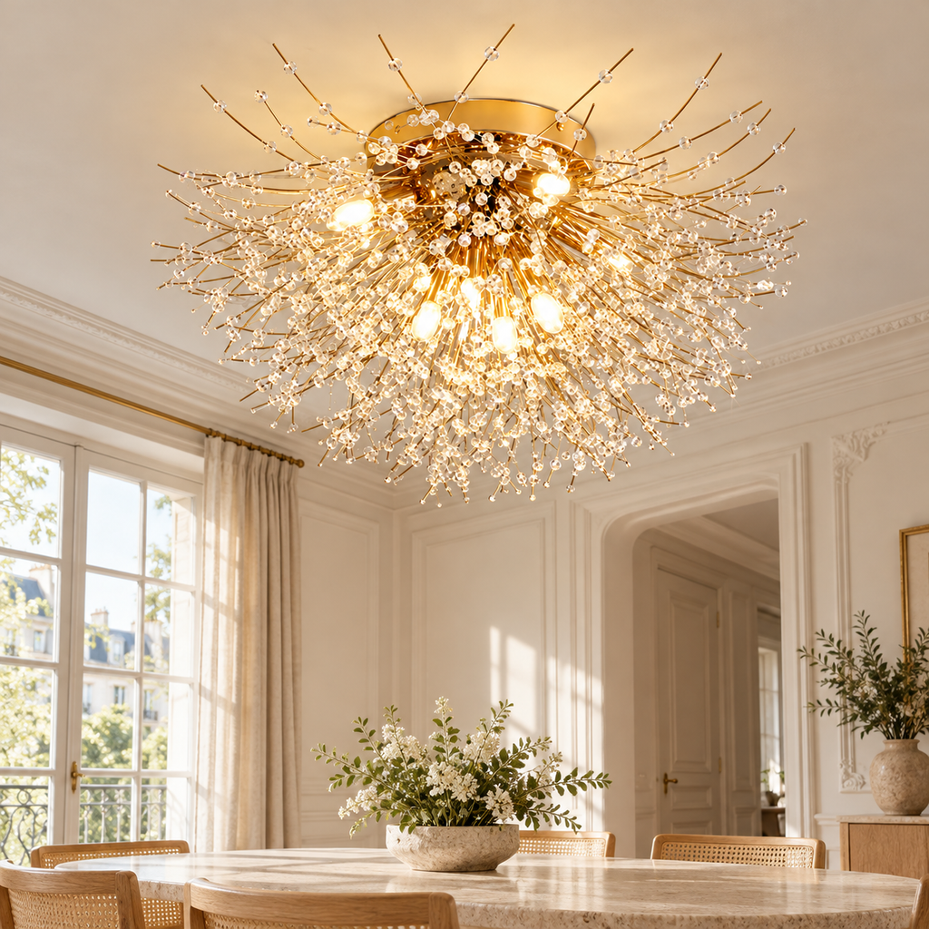 Plafonnier doré à branches rayonnantes dans un décor repas pierre