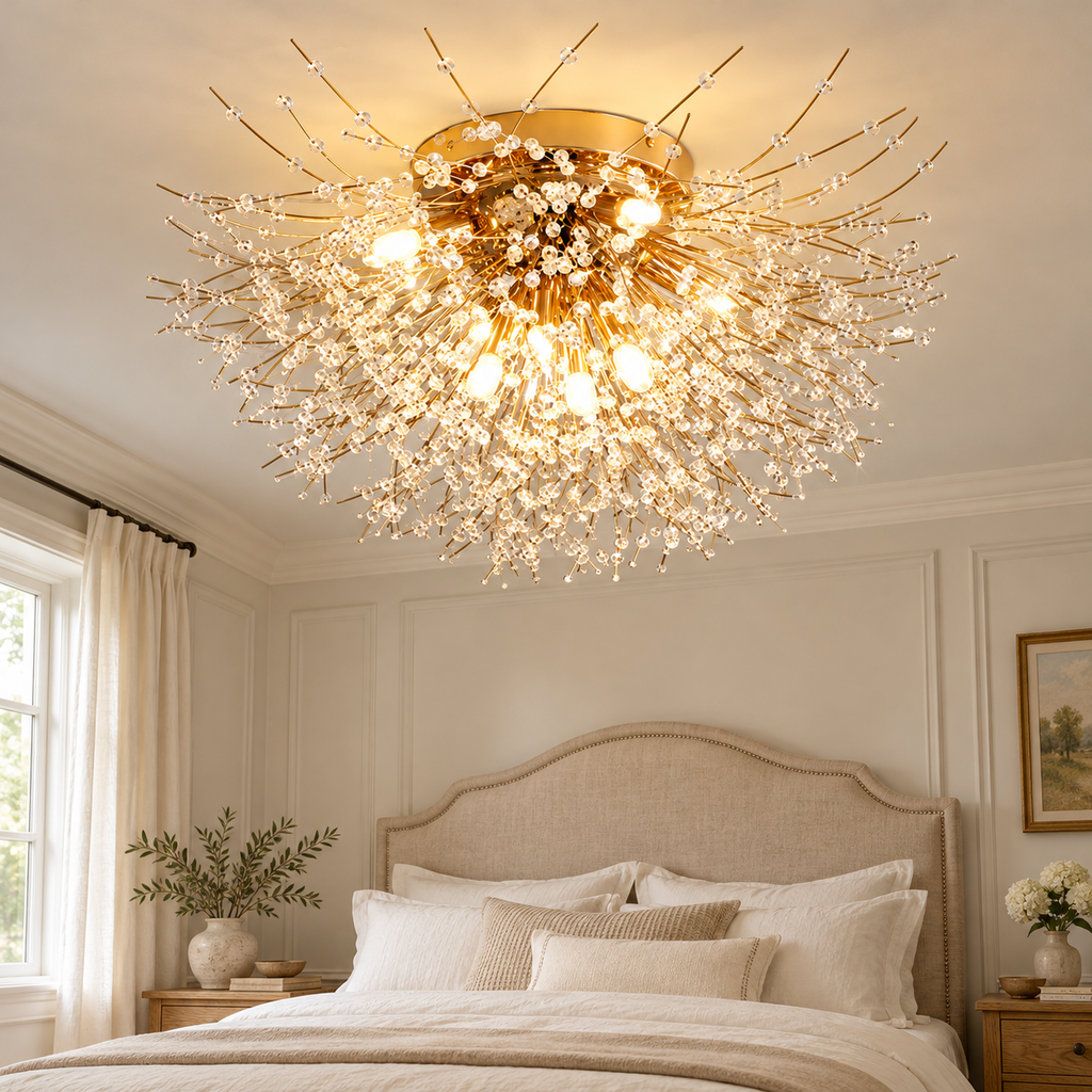 Plafonnier doré à branches rayonnantes dans un décor chambre lin