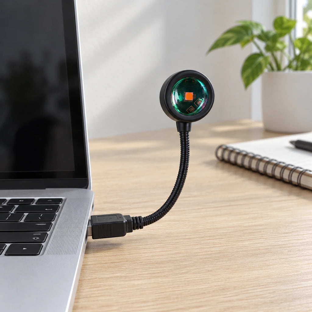 Lampe USB à col flexible branchée sur un ordinateur, éteinte.