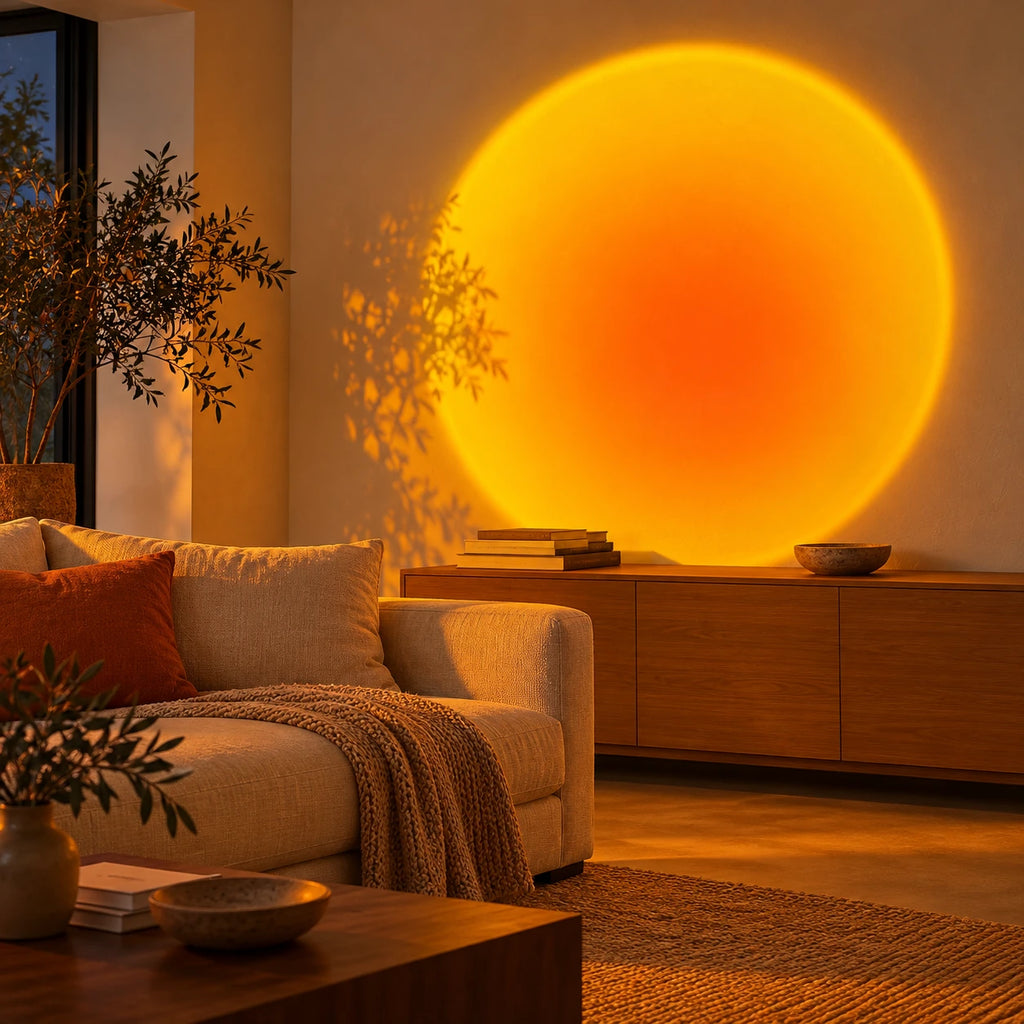 Halo coucher de soleil dans un salon aux tons naturels.