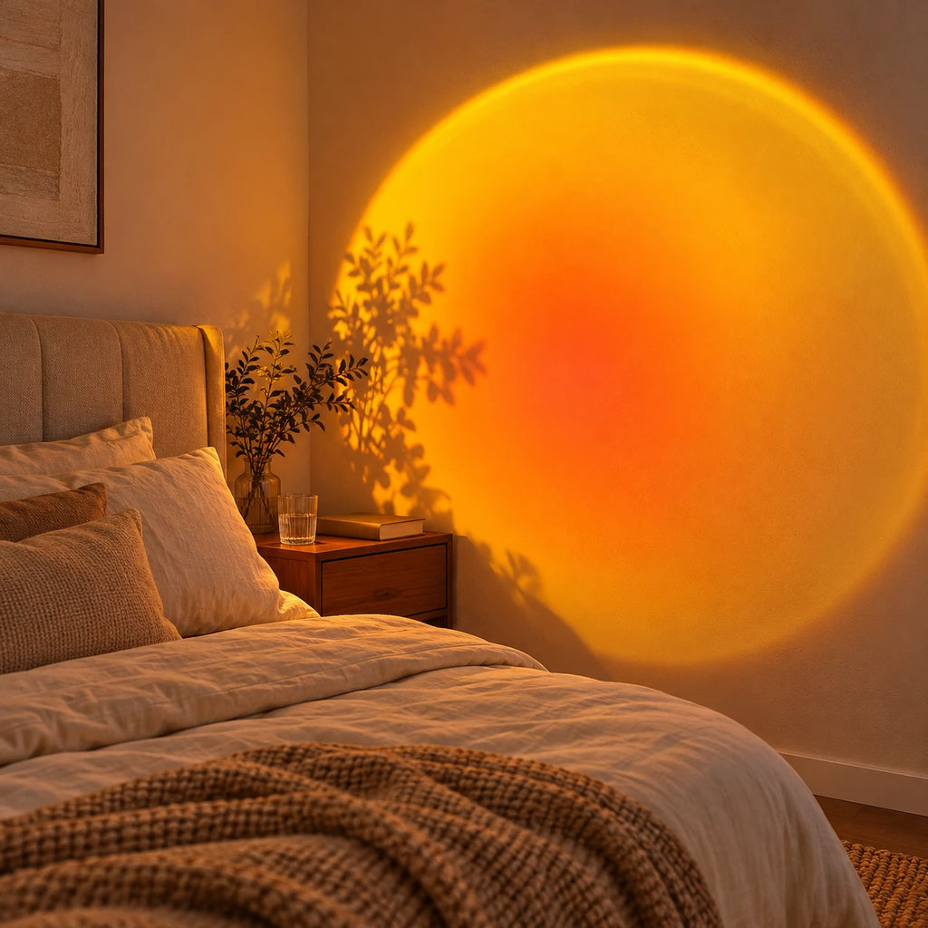 Projection orangée près du lit dans une chambre.