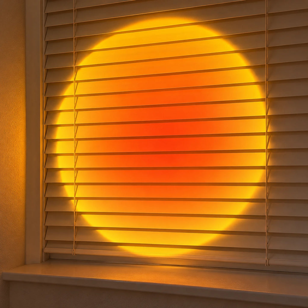 Projection coucher de soleil sur des stores à lames.