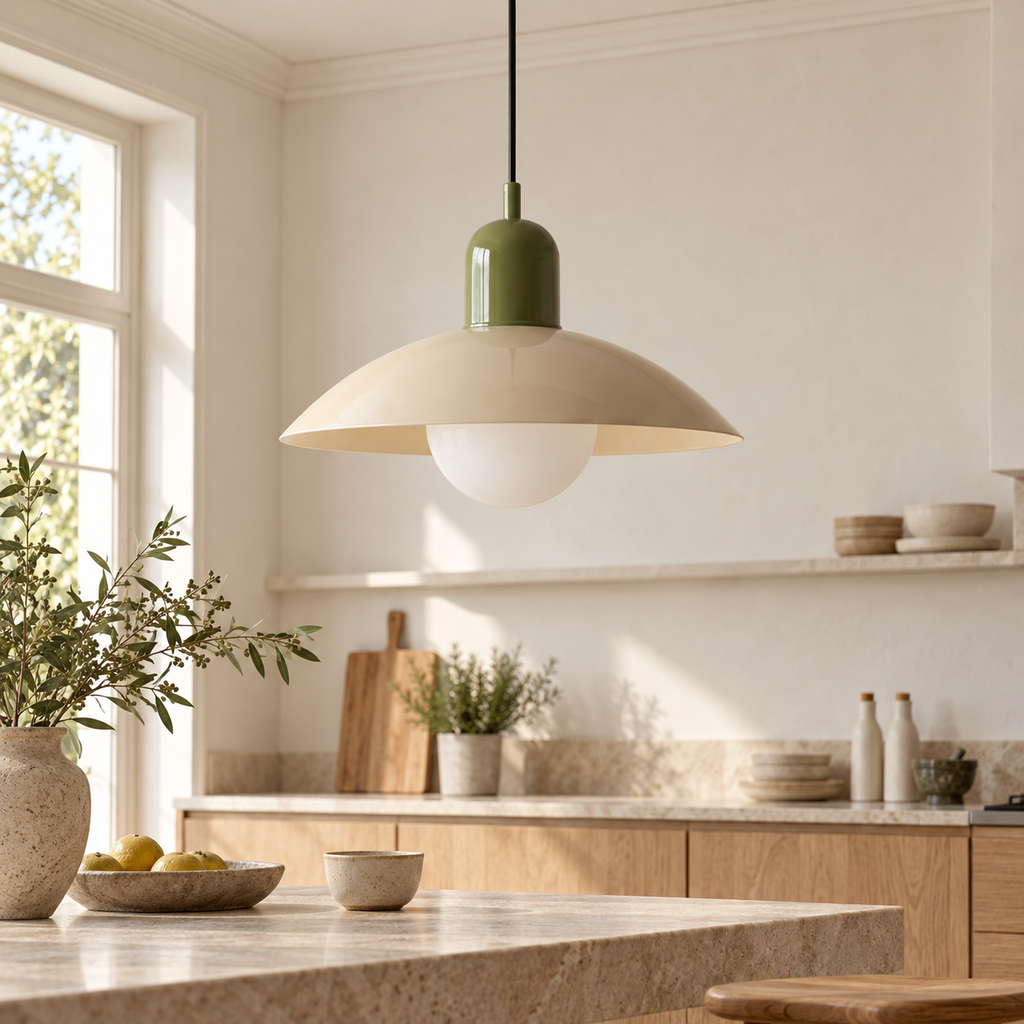 Caléria blanc et vert, mise en scène dans une cuisine, luminaire éteint