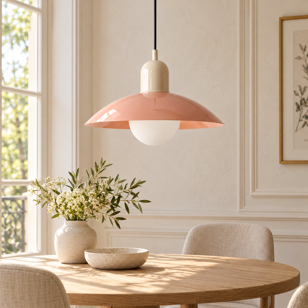 Caléria rose et blanc, mise en scène dans un coin repas, luminaire éteint