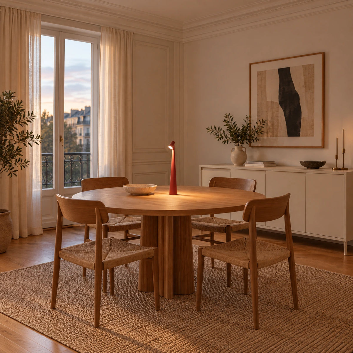 Clévara rouge allumée au centre d’une table ronde en bois — mise en scène illustrative.