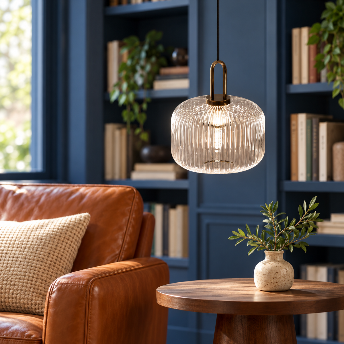 Suspension en verre côtelé dans un décor illustratif au-dessus d'une petite table d'appoint dans une bibliothèque bleu profond avec étagères de livres flous sans texte lisible
