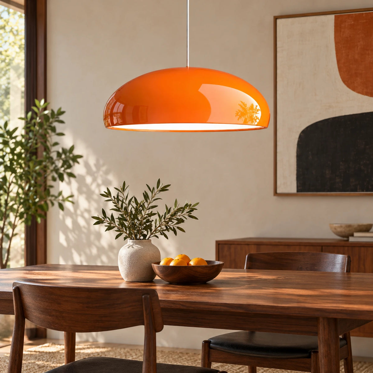 Suspension dôme orange au-dessus d’une table en noyer.
