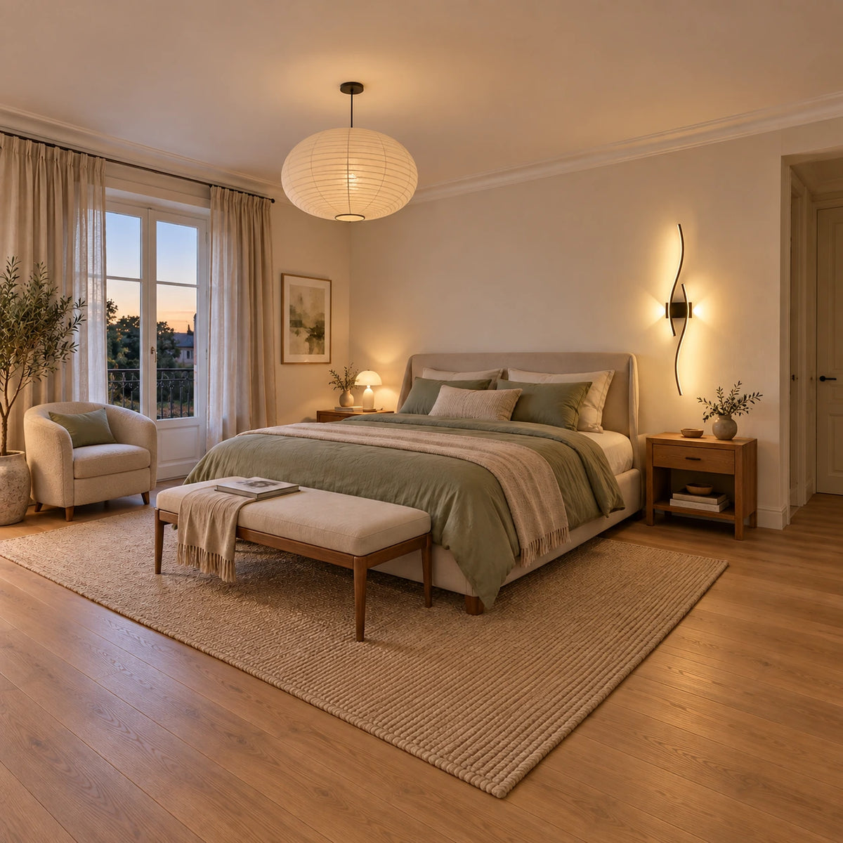 Mise en scène illustrative de l’applique Élan dans une chambre beige et vert sauge