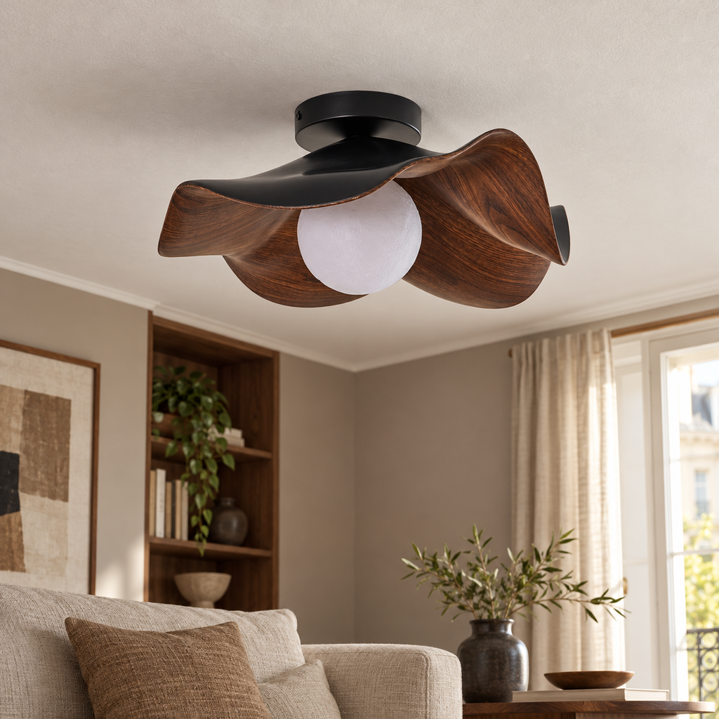 Élodane noire et effet noyer, mise en scène dans un salon, luminaire éteint