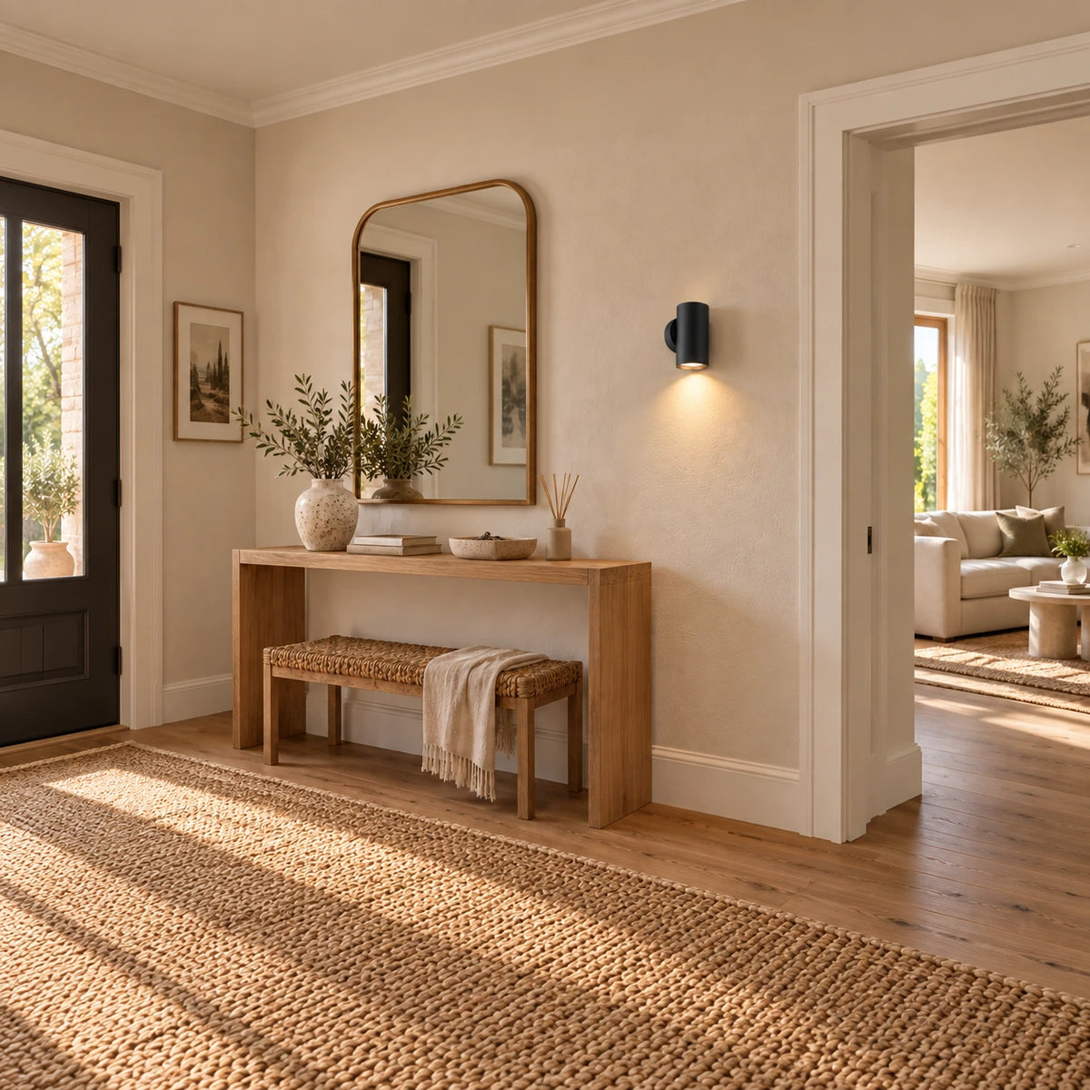 Épurea noire allumée près d’un miroir et d’une console en bois dans une entrée — mise en scène illustrative.