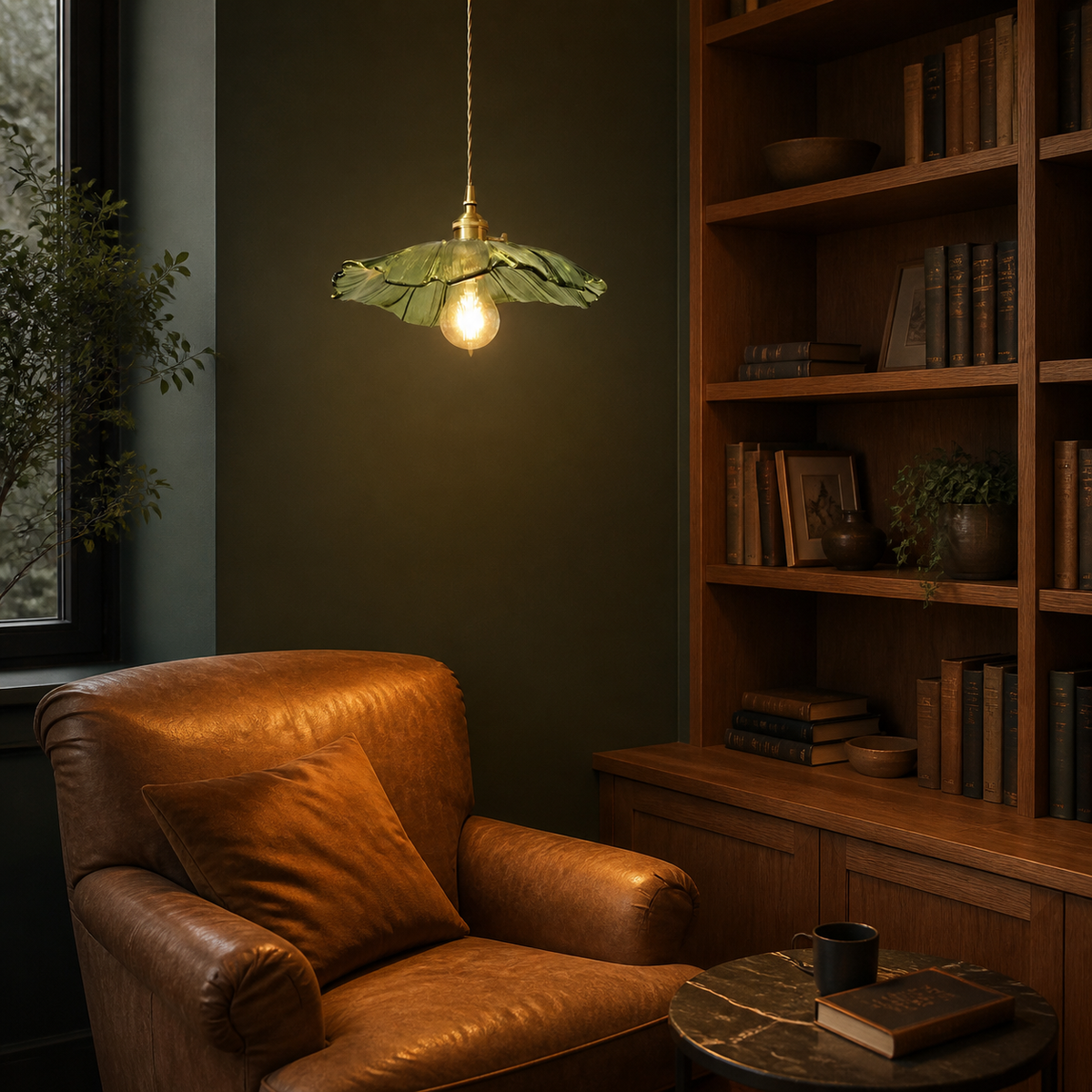 Éranthia Vert, suspension florale dans un coin lecture à la maison