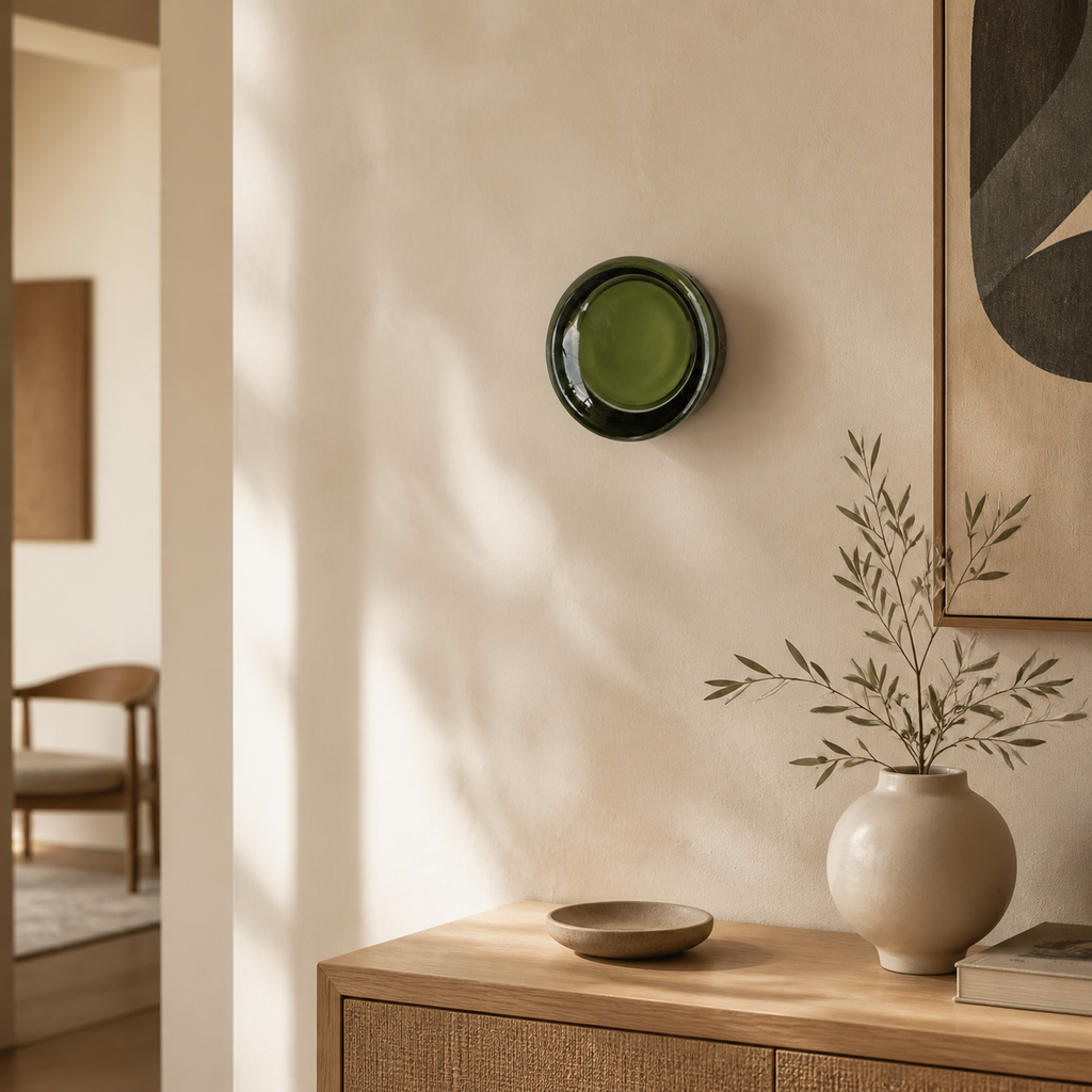EVOA Vert, applique murale circulaire sur mur écru dans une entrée