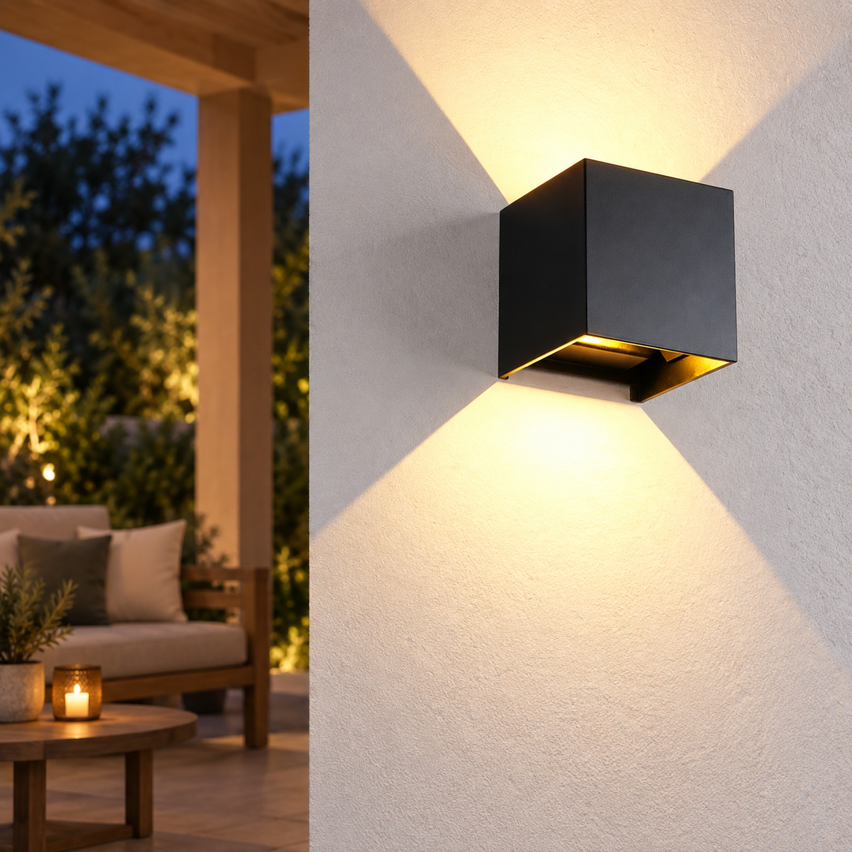 Façade noire sur le mur d’une terrasse couverte. Mise en scène générée ; décor non inclus.