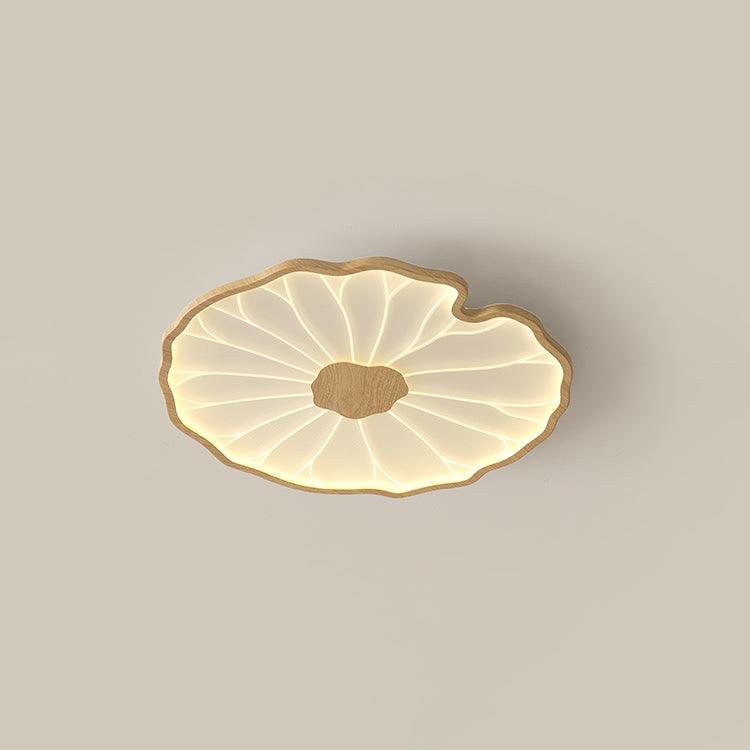 Floréane Plafonnier Feuille de Lotus - Diam. 30 cm x hauteur 4 cm - Finition grain de bois nature hydrographique - Lumière chaude