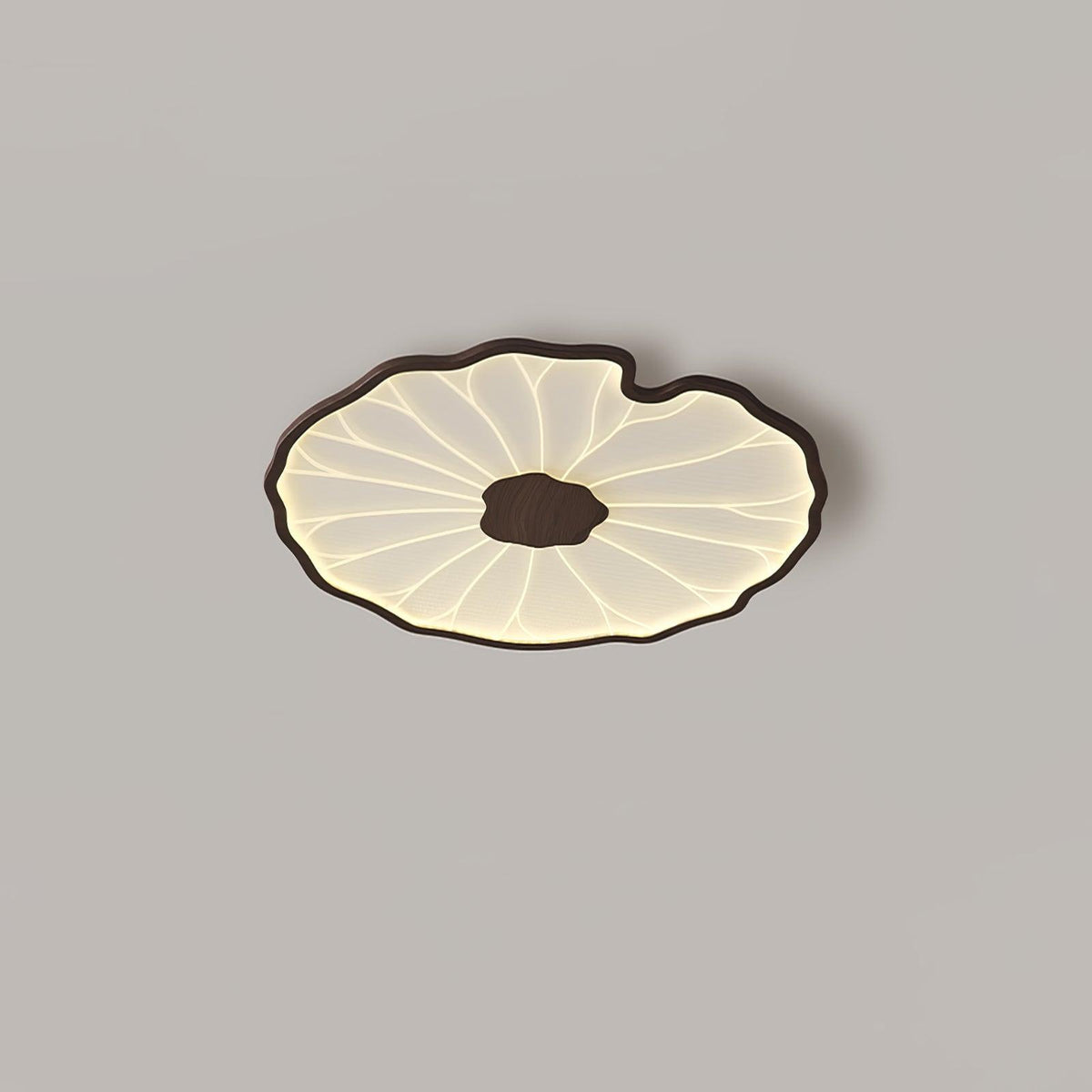 Floréane Plafonnier Feuille de Lotus - Diam. 30 cm x hauteur 4 cm - Finition hydrographique en grain de bois de noyer - Lumière chaude