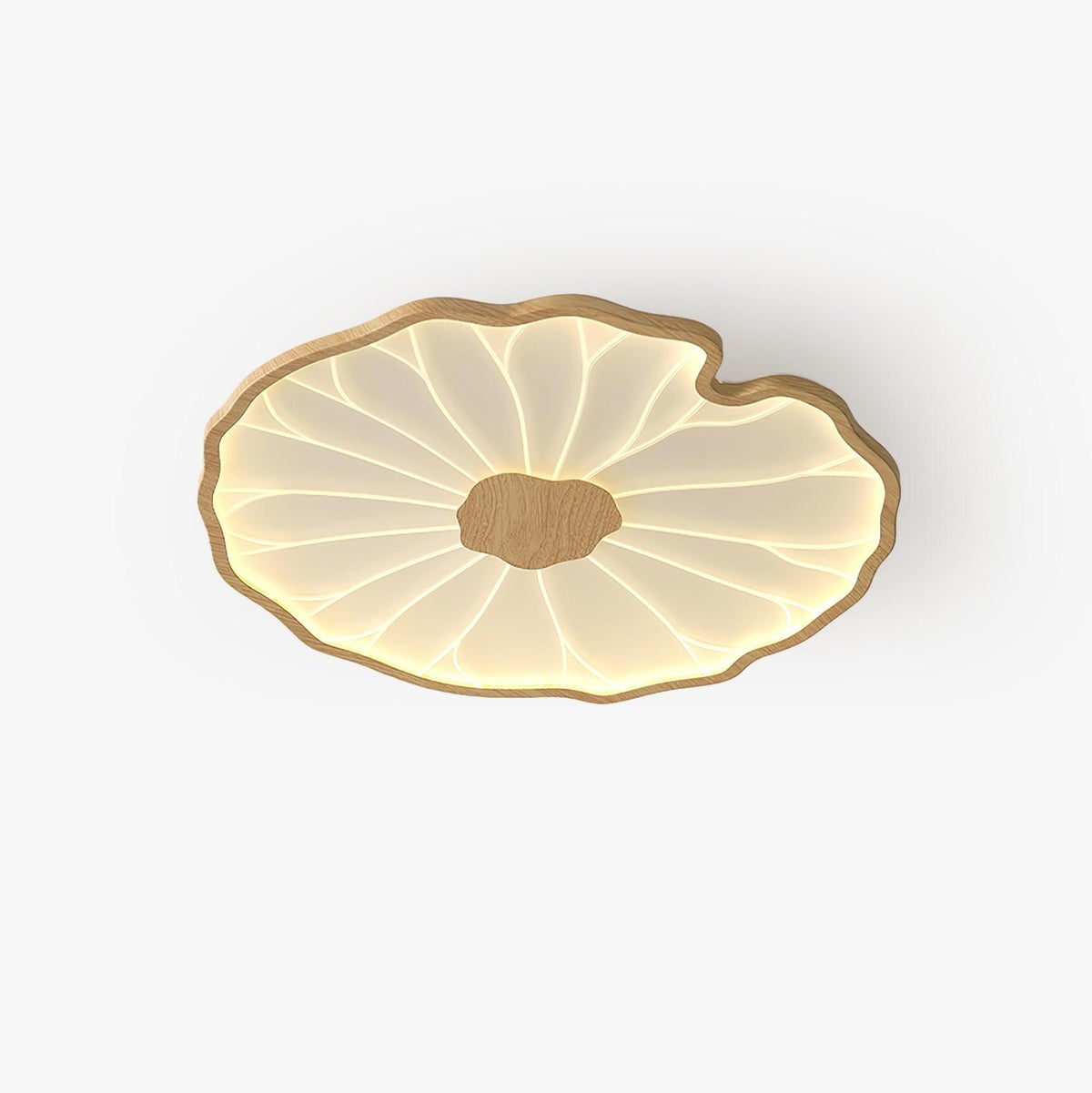 Floréane Plafonnier Feuille de Lotus - Diam. 52 cm x hauteur 4 cm - Finition grain de bois nature hydrographique - Lumière chaude