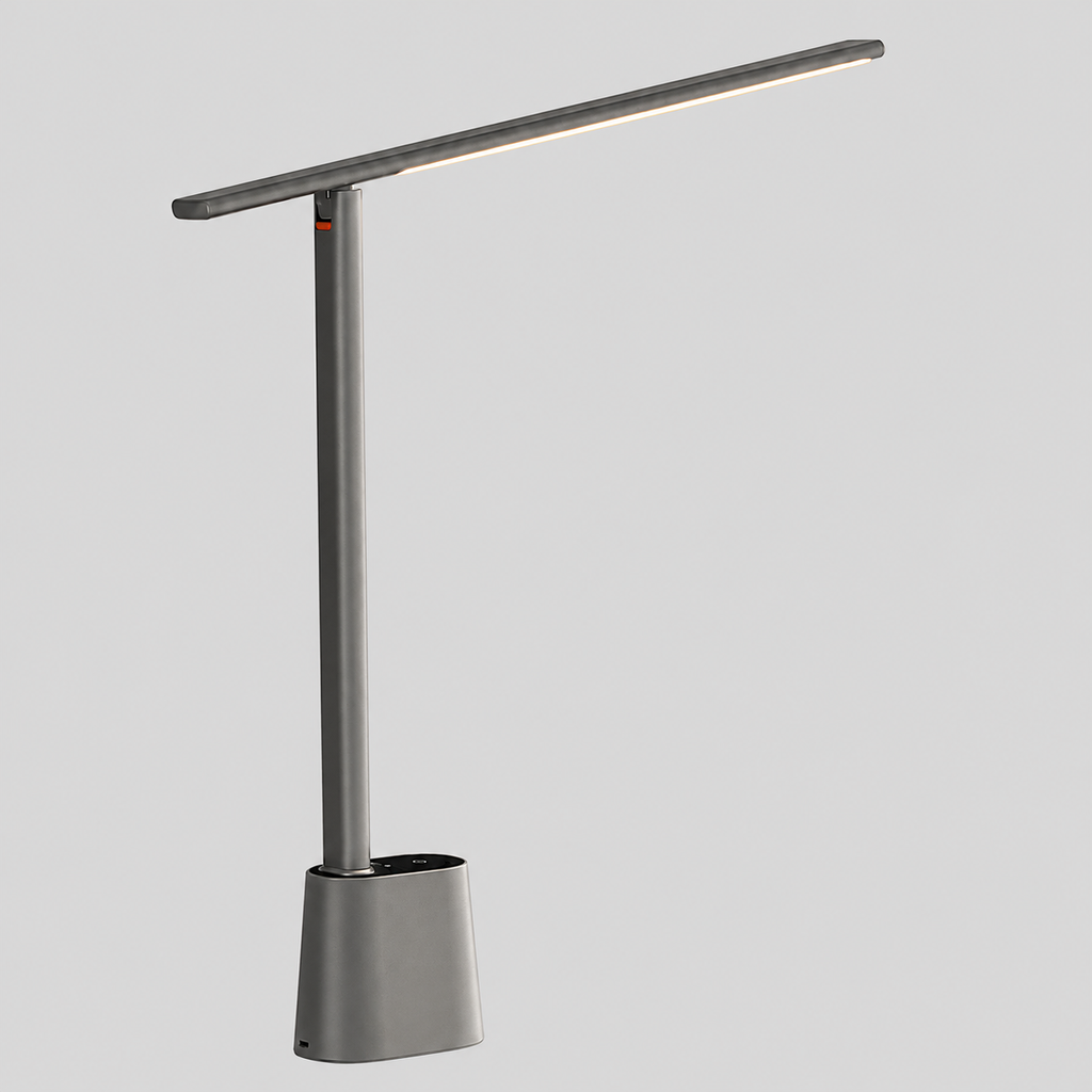 Axis | Lampe de bureau LED pliable — produit isolé sur fond gris, arrière-plan retouché.