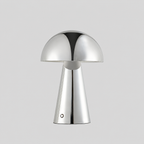 Chromelle | Lampe de table LED rechargeable chromée, Ø 20 cm, USB, variateur — produit isolé sur fond gris, arrière-plan retouché.