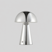 Chromelle | Lampe de table LED rechargeable chromée, Ø 20 cm, USB, variateur — produit isolé sur fond gris, arrière-plan retouché.