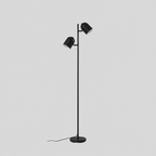 Isara | Lampe sur pied noire, 162 cm, à 2 lampes LED, métal — produit isolé sur fond gris, arrière-plan retouché.