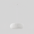 Voilure | Suspension blanche, Ø 70 cm, textile, 3 x E27 — produit isolé sur fond gris, arrière-plan retouché.