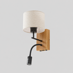 Parenthèse | Applique murale beige, tissu, E27, lampe de lecture LED — produit isolé sur fond gris, arrière-plan retouché.