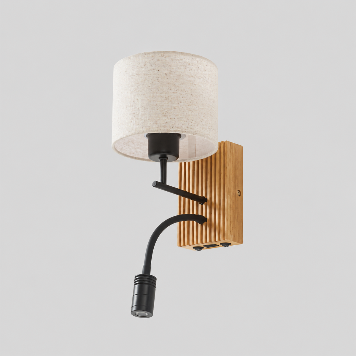 Parenthèse | Applique murale beige, tissu, E27, lampe de lecture LED — produit isolé sur fond gris, arrière-plan retouché.