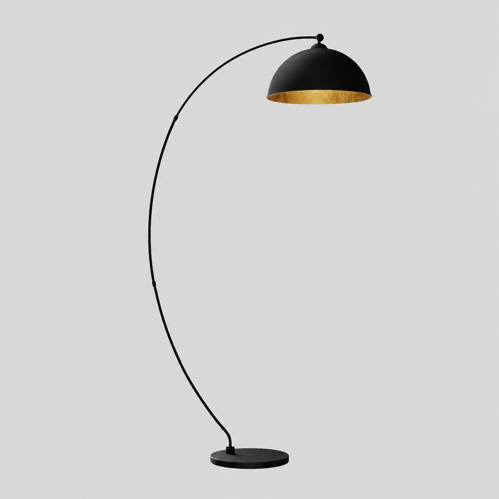 Cambrure | Lampadaire arqué, noir, métal, E27, hauteur 185 cm — produit isolé sur fond gris, arrière-plan retouché.