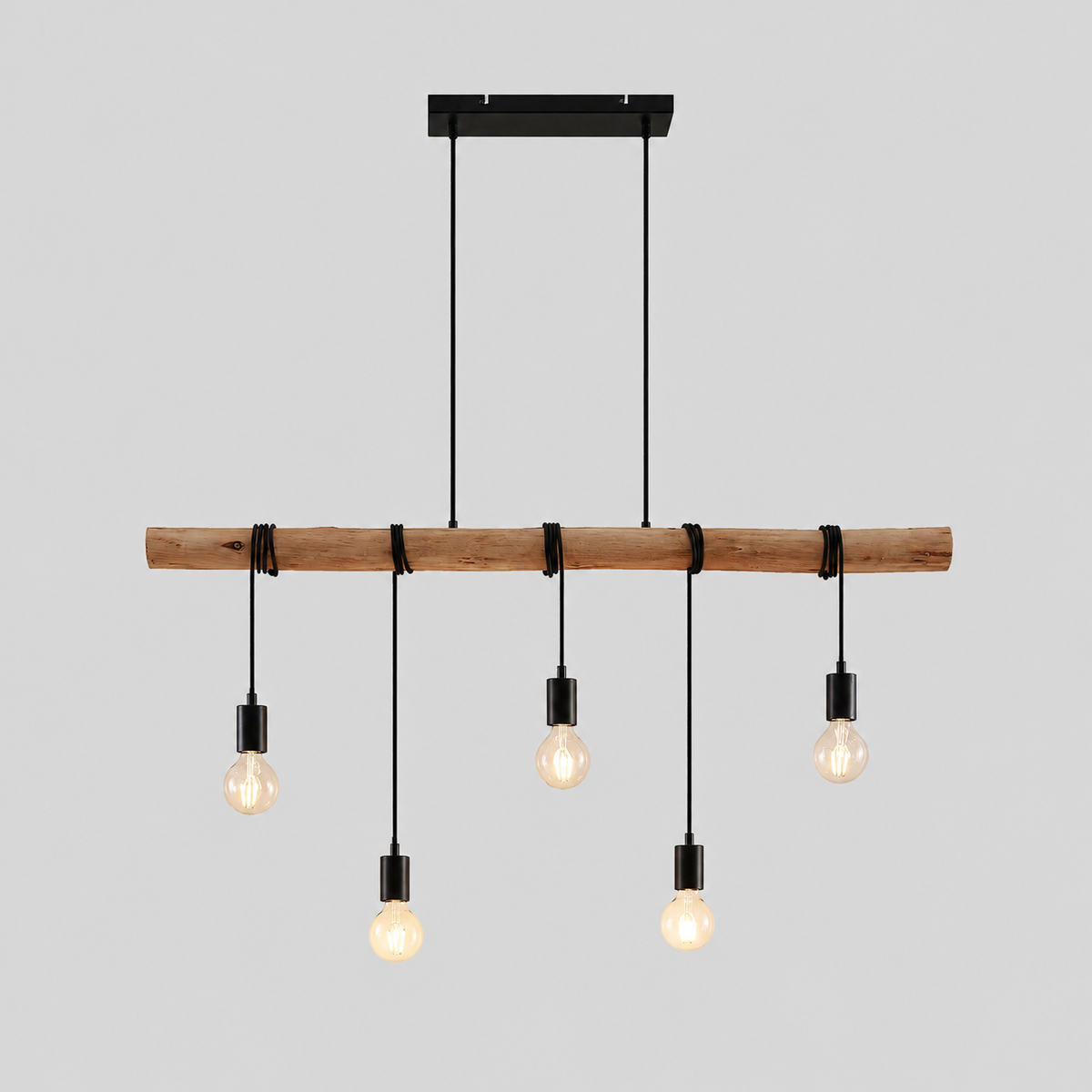 Cordage | Suspension, 5 lampes, bois, corde, noir, 116 cm — produit isolé sur fond gris, arrière-plan retouché.