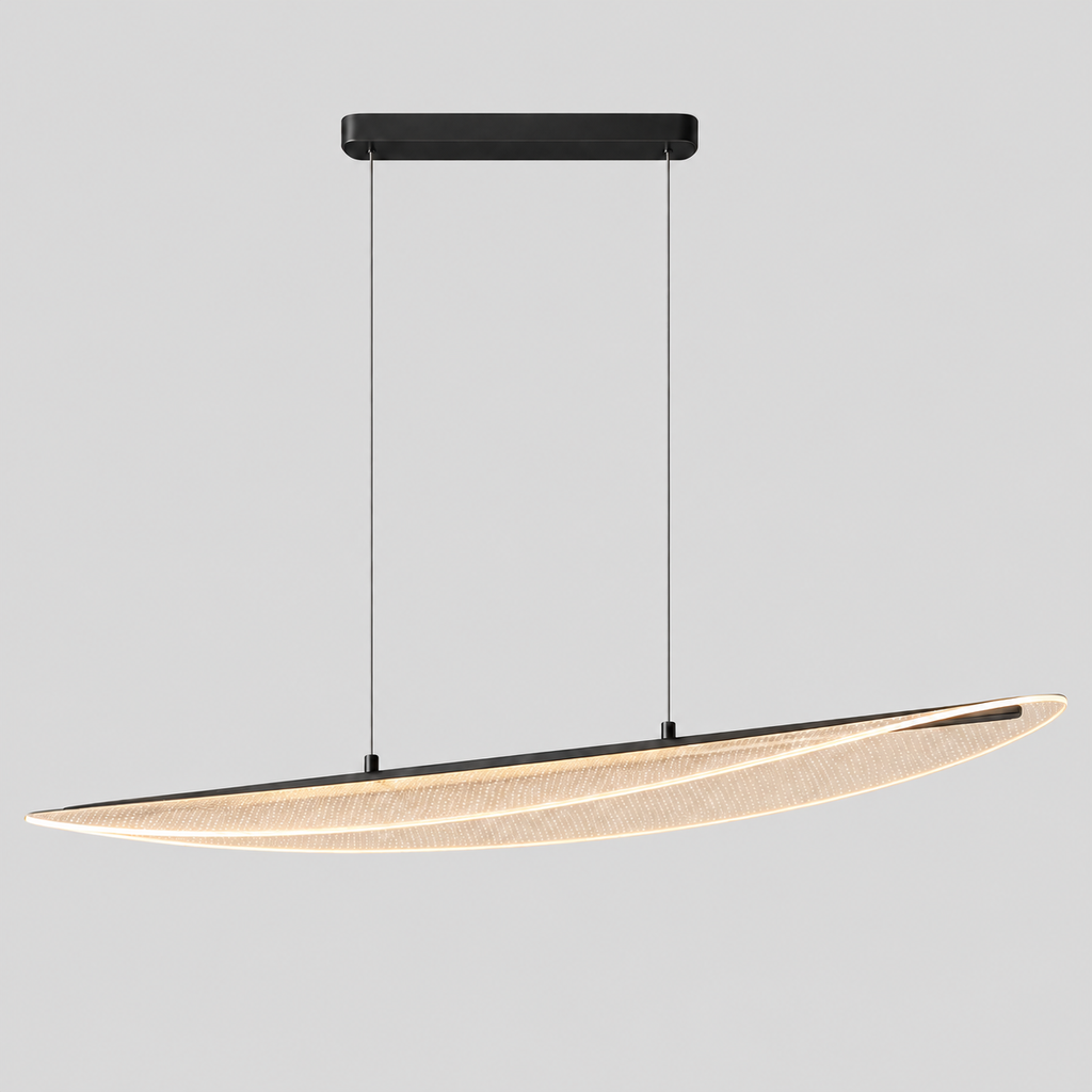 Feuille | Suspension LED 118 cm — noir ou doré, intensité variable — produit isolé sur fond gris, arrière-plan retouché.