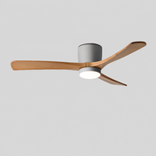 Zéphire | Ventilateur de plafond en bois avec lumière LED — produit isolé sur fond gris, arrière-plan retouché.