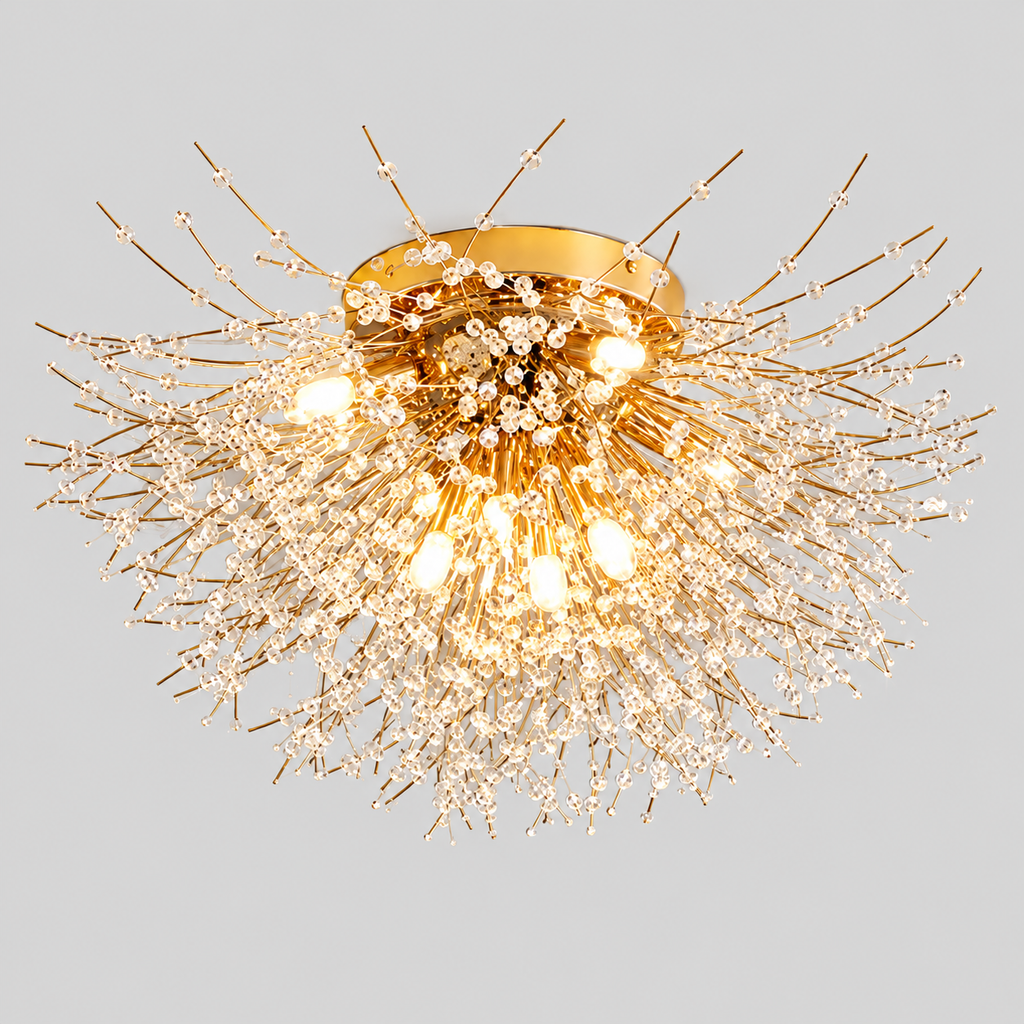 Plafonnier doré à branches rayonnantes — produit isolé sur fond gris, arrière-plan retouché.