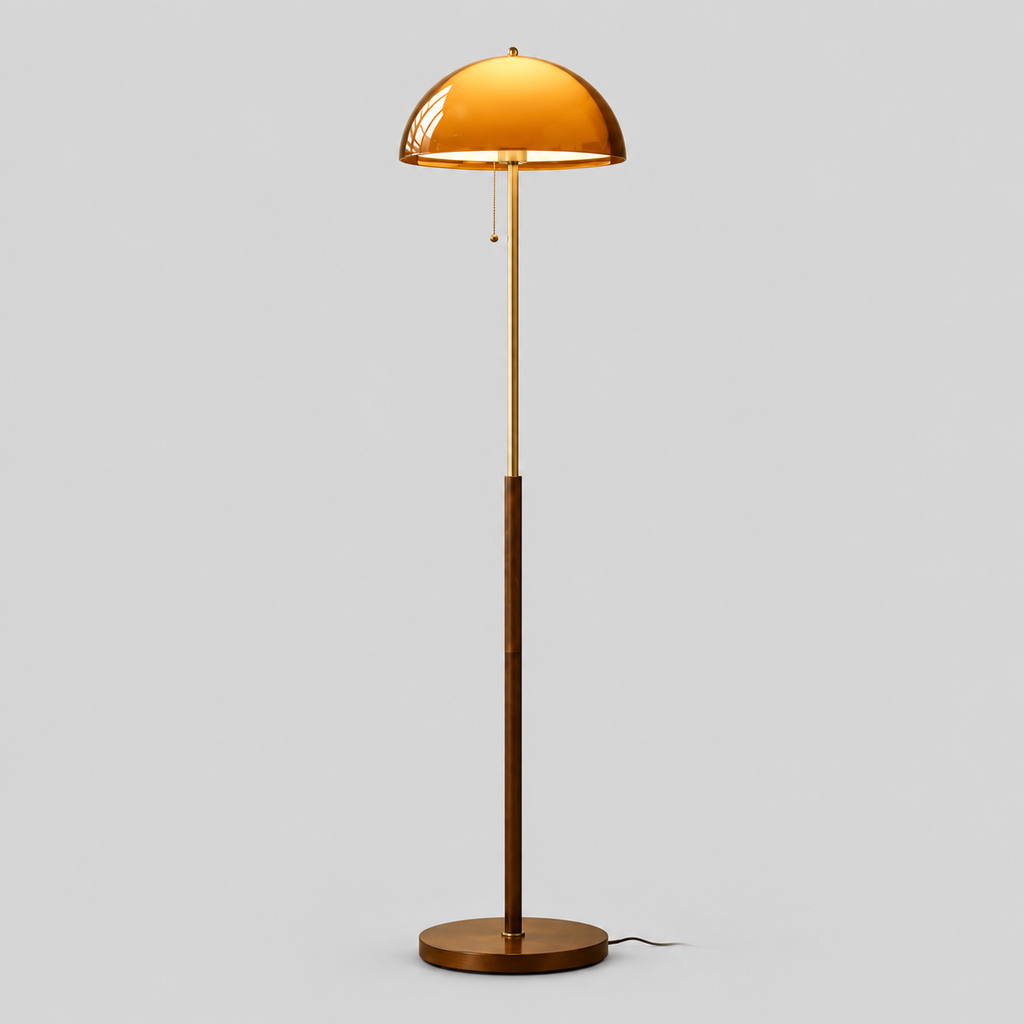 Lampadaire rétro à dôme orange — 150 cm — produit isolé sur fond gris, arrière-plan retouché.
