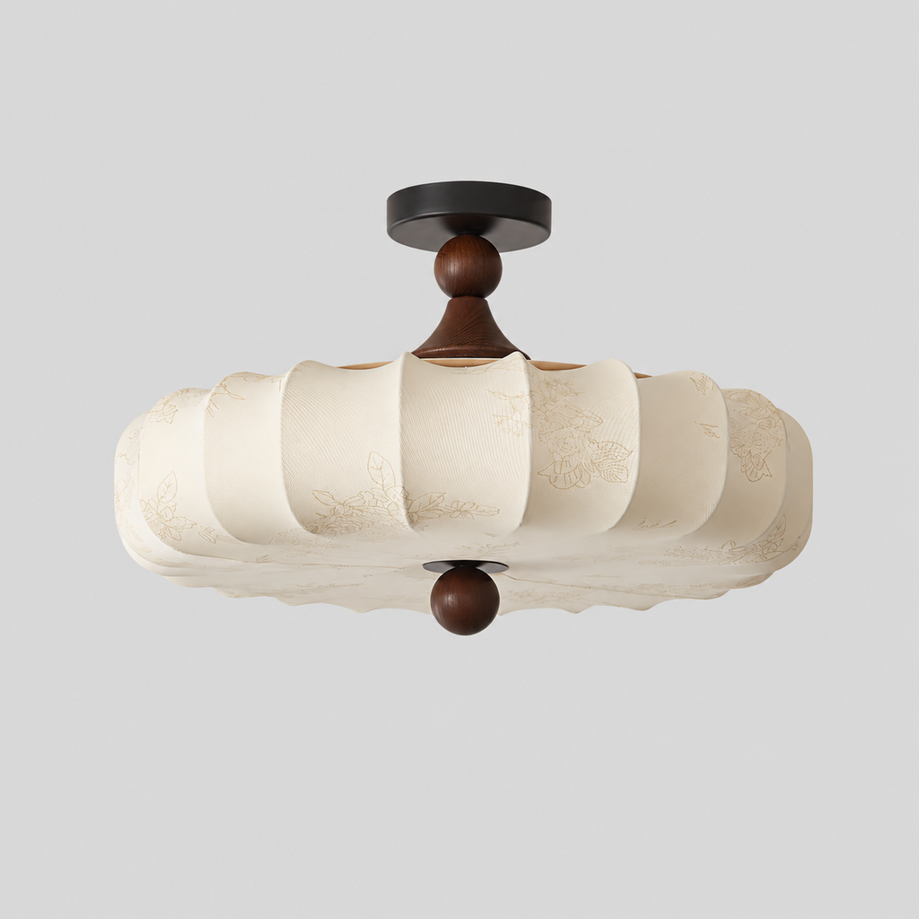 Nocélia — Plafonnier en bois et tissu — produit isolé sur fond gris, arrière-plan retouché.