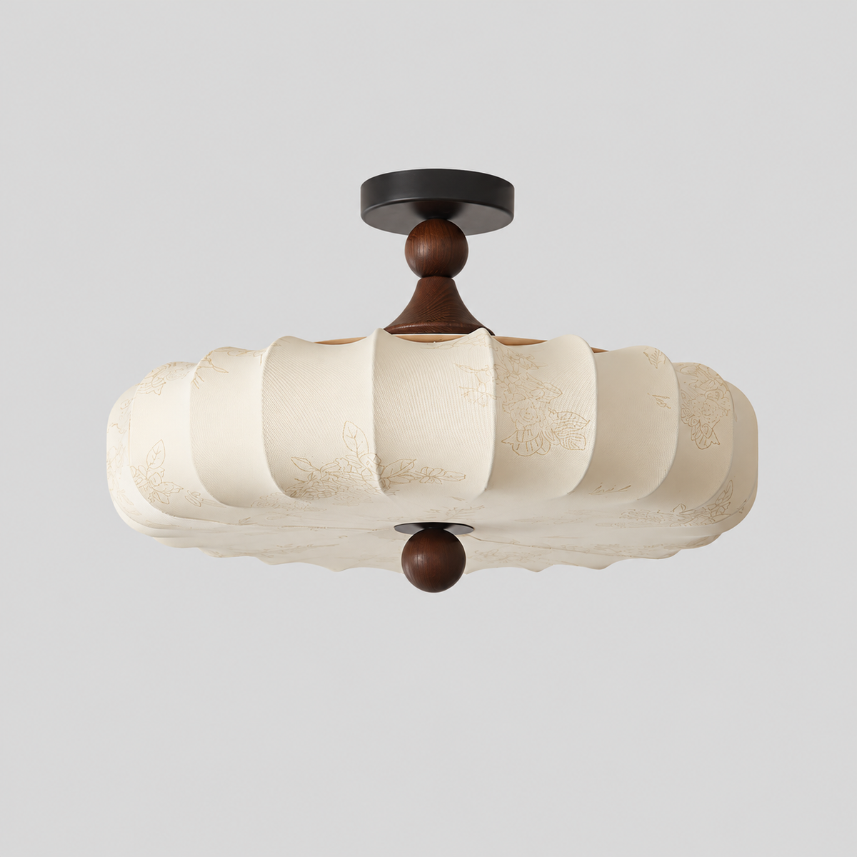 Nocélia — Plafonnier en bois et tissu — produit isolé sur fond gris, arrière-plan retouché.