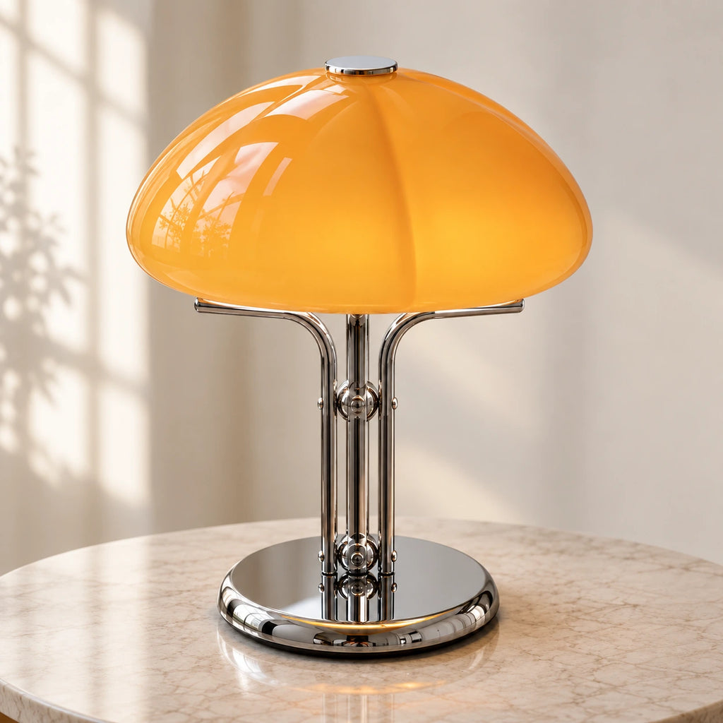 Girolle — lampe à dôme orange et pied chromé, sur une table ronde claire — mise en scène illustrative