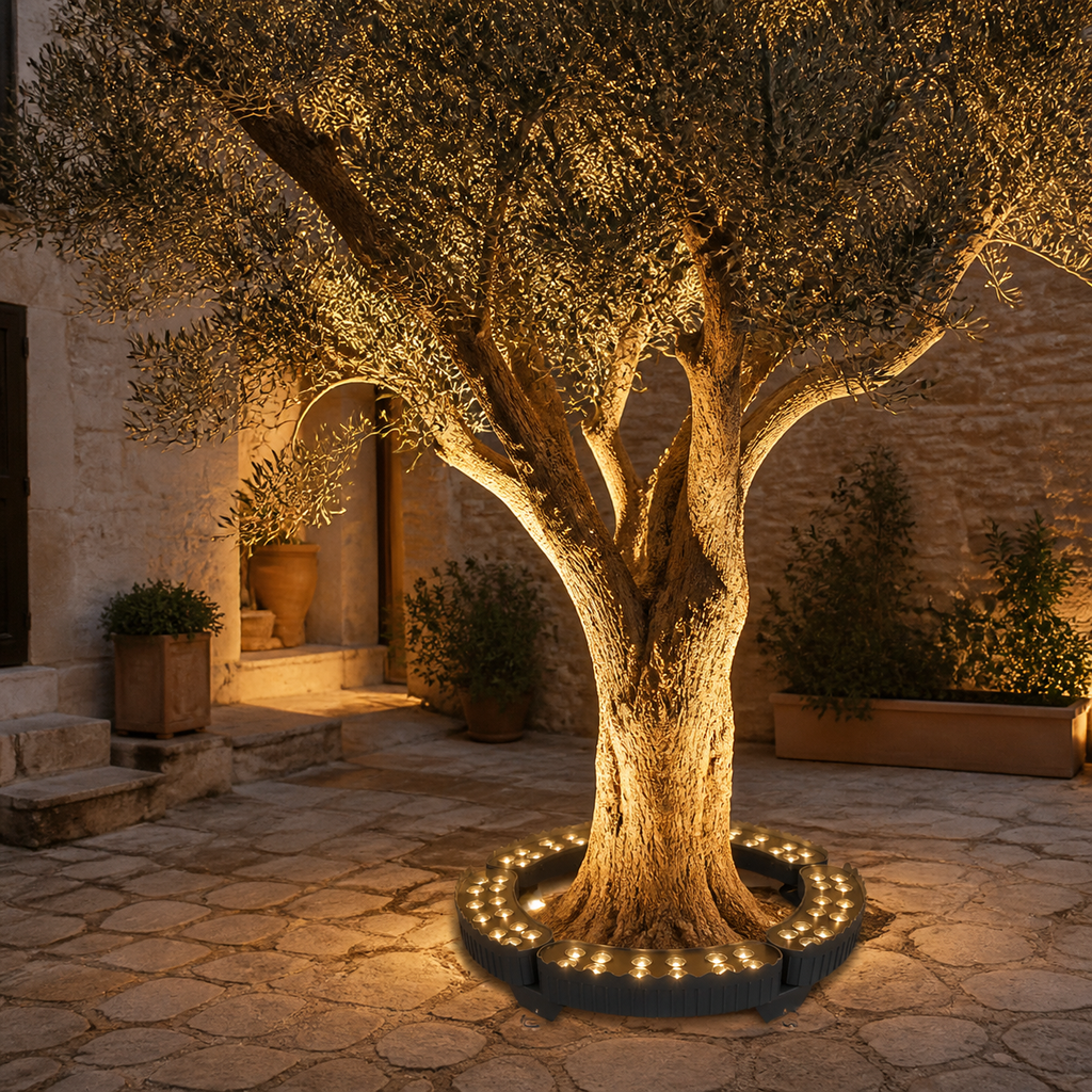 GlowTree, éclairage d’un olivier dans une cour en pierre au crépuscule