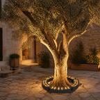 GlowTree, éclairage d’un olivier dans une cour en pierre au crépuscule