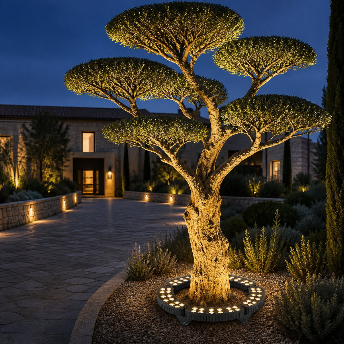 GlowTree, éclairage paysager d’un pin sculptural devant une maison
