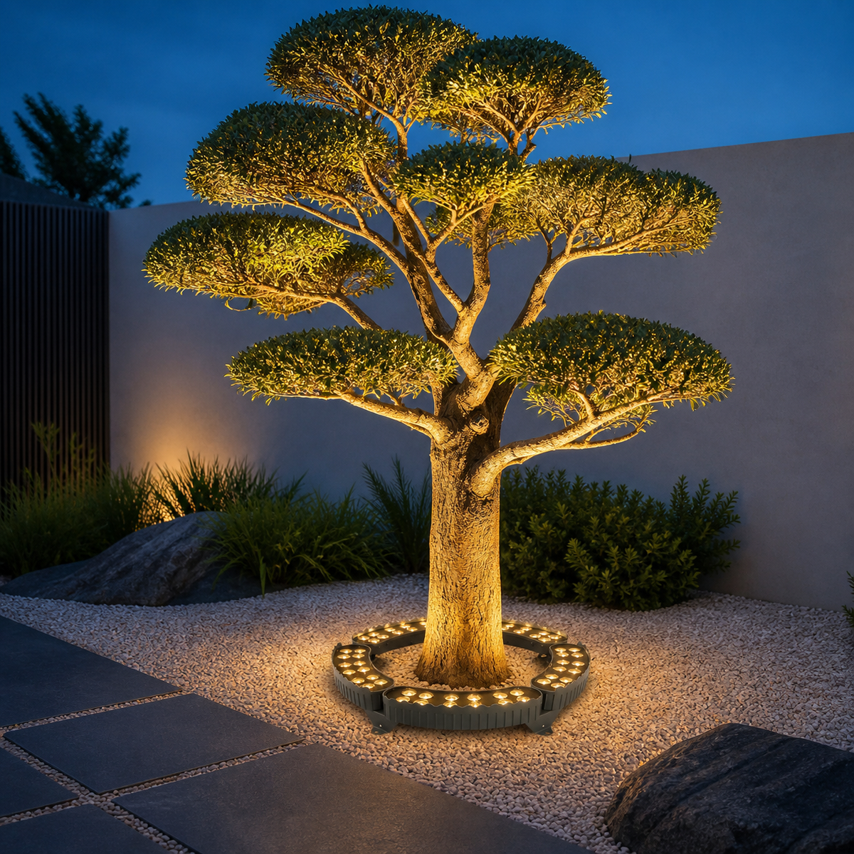 GlowTree, couronne LED dans un jardin minéral contemporain
